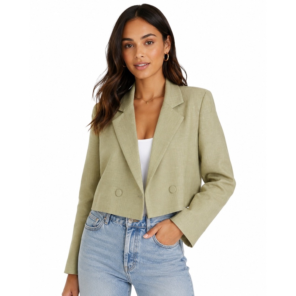 House of Harlow 1960 Cropped Blazer Sage Green Textured Double Breasted Jacket M